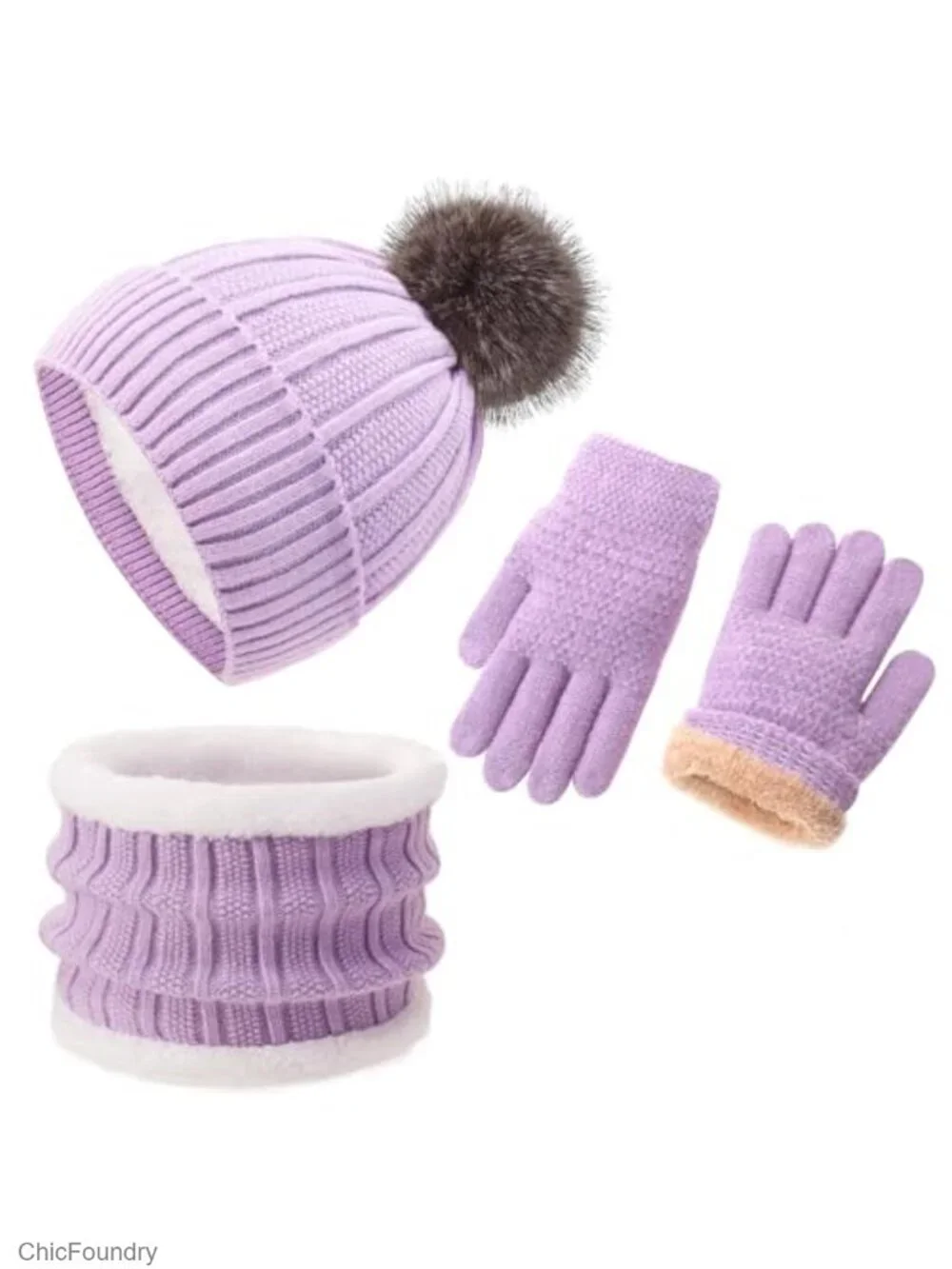Kids Winter Hat Gloves Scarf Set Fleece Lining Knit Mittens Neck Warmer